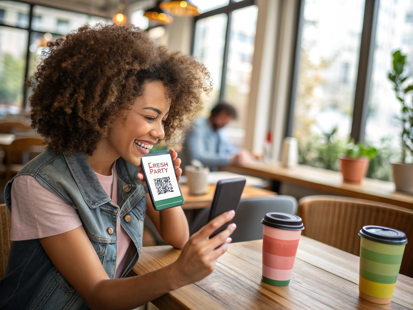 A person paying for coffee with their smartphone at a local bakery counter.